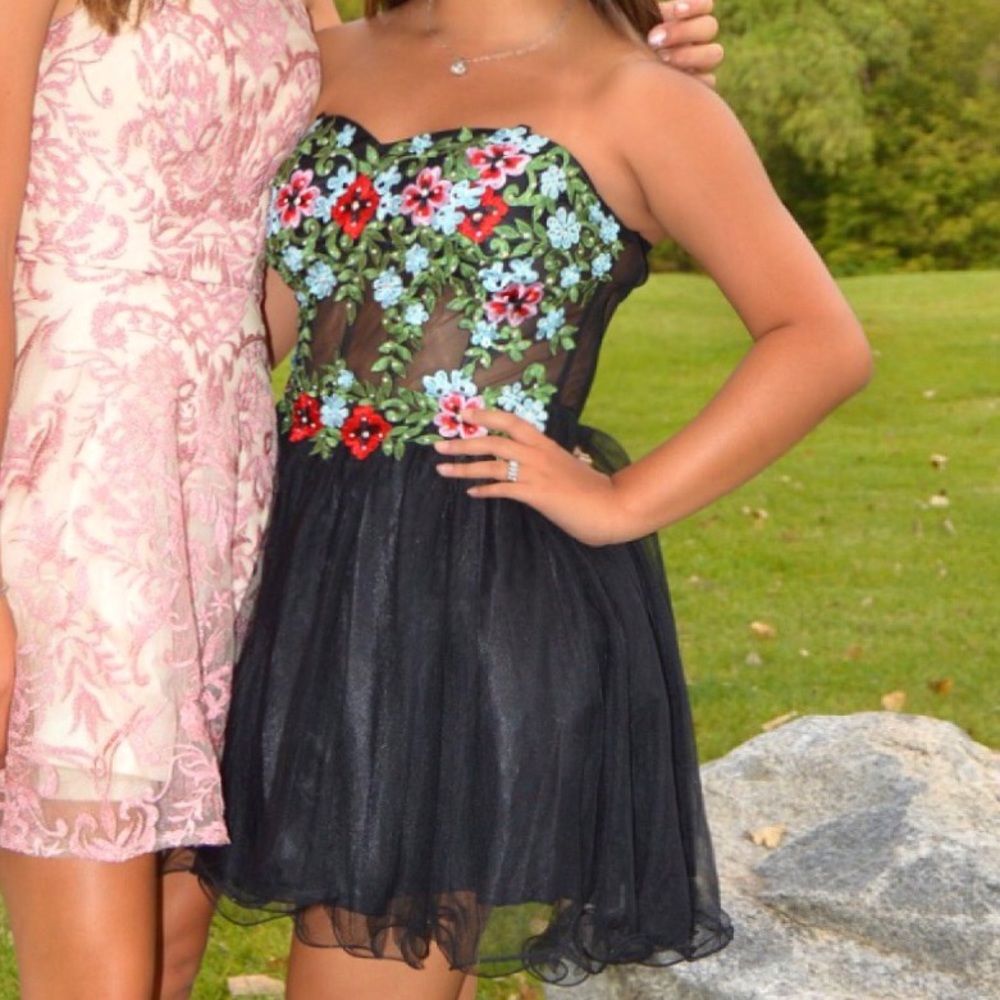 Black Hoco Dress with Floral, Mesh, Body Con Tie